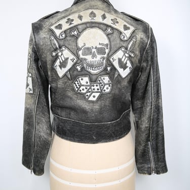 North Beach Leather Jacket Black Skull with Daggers, Dice & Cards Jacket 80s 90s Y2K Streetwear Hip Hop Grunge Rocknroll Rockstar Concert 