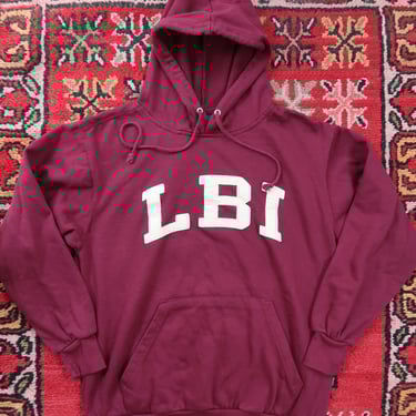 Vintage Burgundy Red Long Beach Island Spell Out Hoodie - LBI Pullover Sweatshirt