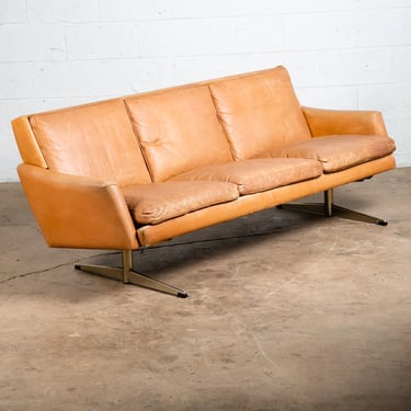 Mid Century Danish Modern Leather Sofa Couch 3 Seater Tan 3 Seater Metal Legs