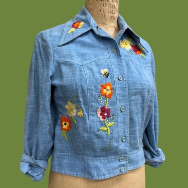 Vintage Buttondown Retro 1970s Tanya New York + Hand Made + Floral + Embroidered + Embellishments + No Size + Union Made + Womens Apparel 