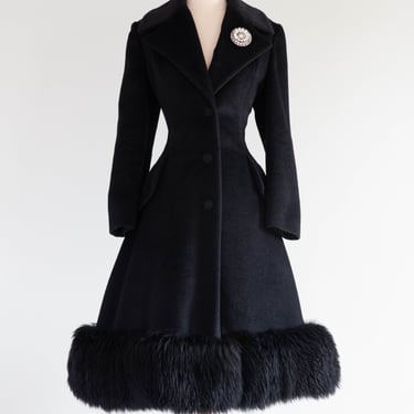 ICONIC 1960's Black Wool Lilli Ann Princess Coat With Shearling Trim / SM