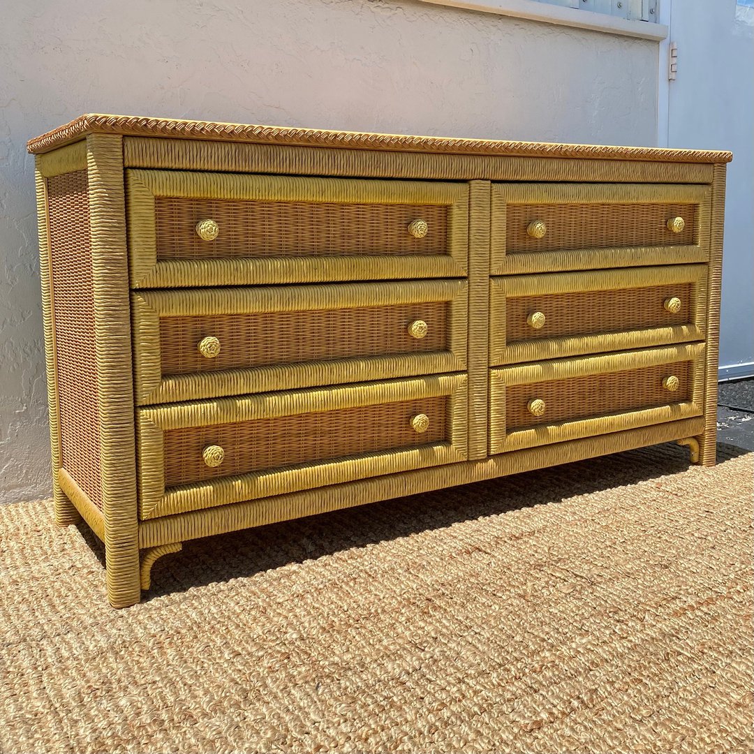 Henry Link Wicker Dresser with 6 Drawers Vintage Wrapped Rattan