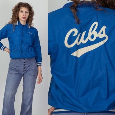Vintage Cropped Cubs Baseball Varsity Jacket - Petite XS | 70s 80s Blue Striped Trim Windbreaker Bomber 
