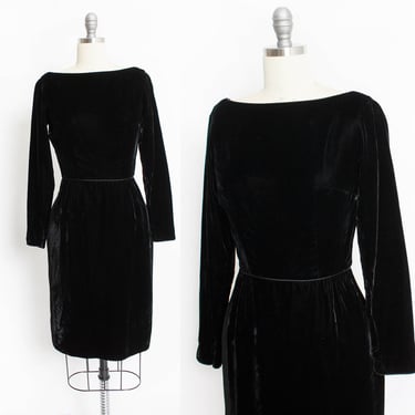 1960s Dress Black Velvet Wiggle Cocktail XS 