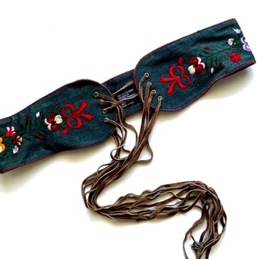 Vintage 90s Y2k Boho Embroidered Denim Corset Belt Lace Up Hippie Floral Suede Sash 