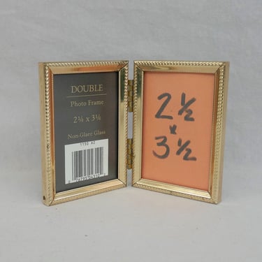 Small Vintage Hinged Double Picture Frame - Gold Tone Metal w/ non-glare Glass - Holds Two Wallet Size 2 1/4