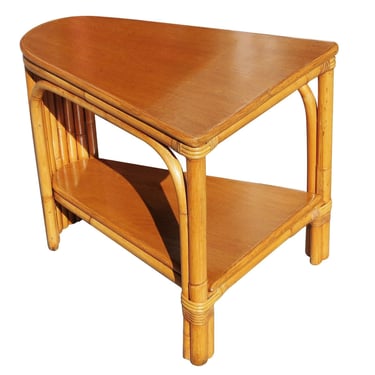 Restored Two-Tier Rattan Corner Side Table w/ Mahogany Top 