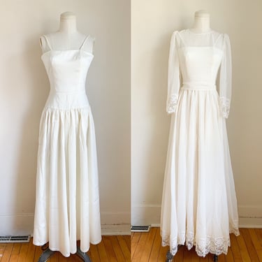 Vintage 1970s Ivory Wedding Dress with sheer overlay / XXS 