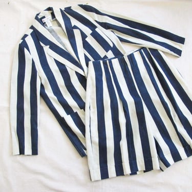 90s Navy Cream Stripe Short Jacket Suit Set M - Baggy Oversized Striped Womens Co Ord Matching Suit - Long Shorts Blazer 