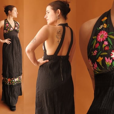 Vintage 70s Embroidered Cotton Halter Dress/ 1970s Black Floral Maxi Dress/ Size Small 