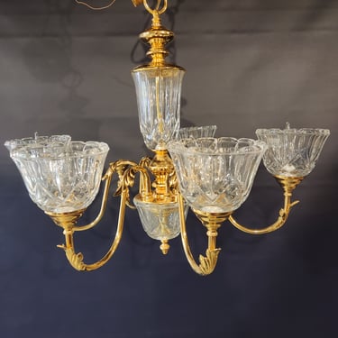 Vintage 6 Arm Brass Chandelier with Cut Glass Shades 25" x 26"