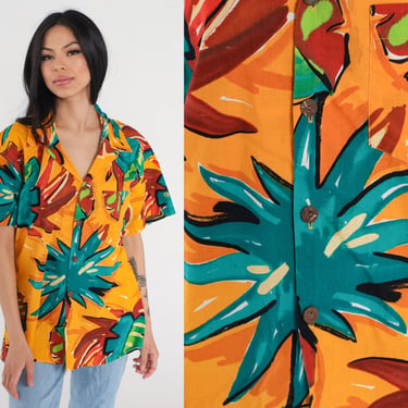Yellow Hawaiian Shirt 90s Tropical Button Up Shirt Summer Short Sleeve Leaf Palm Tree Print Casual Vacation Surfer Top 1990s Vintage Mens XL 