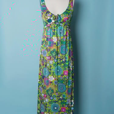 1960s SIRENA Bold Floral Print Lace-Front Empire Waist Sleeveless Maxi Swim Dress 