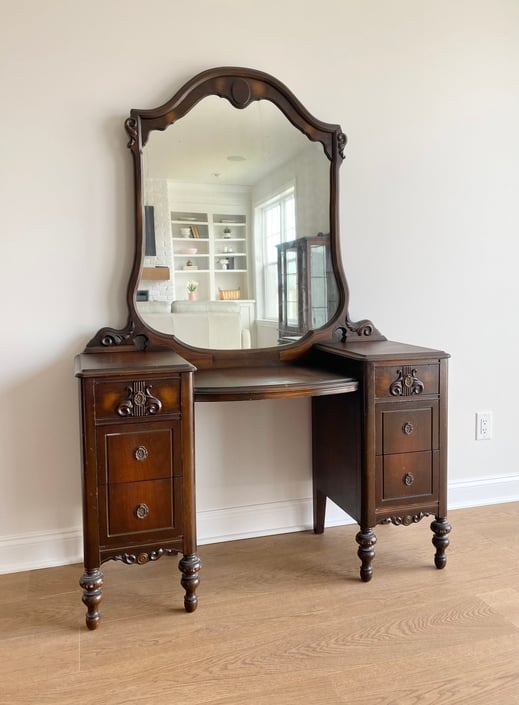 Six Drawer Vintage Dressing Table, 1920s Vanity Dresser With Mirror