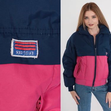 80s Ski Jacket 80s Sport Club Puffer Jacket Goose Down Jacket Navy Blue Pink Puffy Zip Up Coat Color Block Retro Winter 1980s Vintage XS 