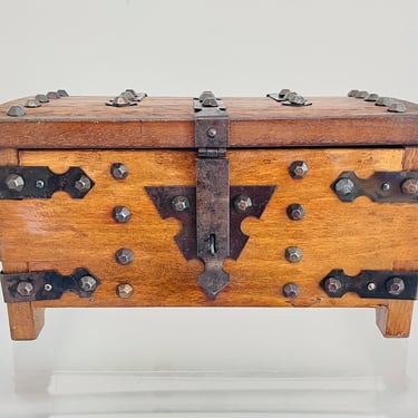 Vintage 1970s Retro Hippie Wood Treasure Crate Chest Jewelry Stash Metal Hardware Hinge Box 