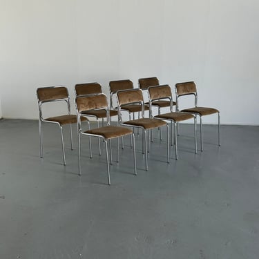 Bauhaus Chrome Tubular Steel and Beige Velvet Chairs / Italian Modernist Stackable Dining Chairs 