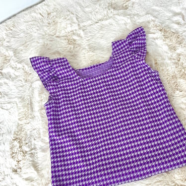 70s vintage houndstooth flutter sleeve top / purple plaid blouse / retro mod vintage blouse / vintage 60s blouse / size 8 size 10 size 12 