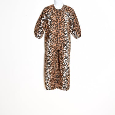 vintage 70s jumpsuit leopard print flannel romper outfit one piece animal M clothing 