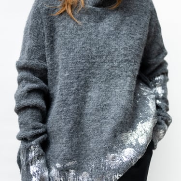 Silver Foil Detail Charcoal Alpaca Knit Turtle Neck