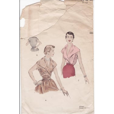 Vintage 1940s VOGUE Sewing Pattern 6970, V-Neck Blouse with Large Draped Surplice Collar and Cummerbund, Size 14 Bust 32, VFG 