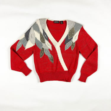 1980s Red White and Grey Angora Fluffy Holiday Sweater / Leather Patchwork / Leaves / Holly / Princess Sleeves / Ballet / Wrap Top / M 