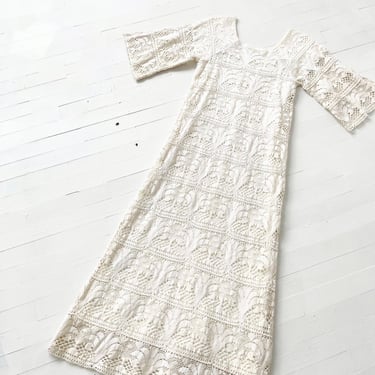 1970s White Crochet Maxi Dress 