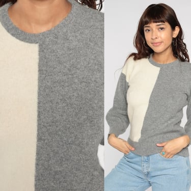 Color Block Sweater 80s Wool Blend Knit Sweater Grey Cream Pullover Jumper Simple Plain Basic Knitwear Neutral Grunge Vintage 1980s Small S 