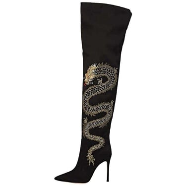 Gianvito Rossi Embroidered Dragon Cuissard Over the Knee Boots sz 38.5 8 8.5 Black Satin Thigh High Y2K Pointy Foldover 