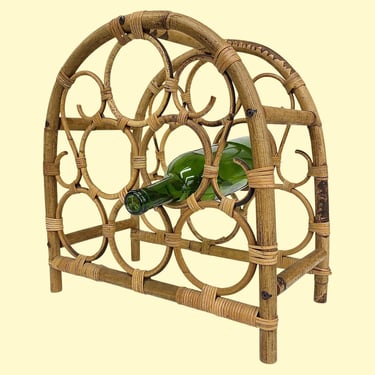 Vintage Rattan Wine Rack Retro 1970s Bohemian + Arch Shaped + Tan + Bent Bamboo + Holds 6 Bottles + Countertop Bar + Barware/Bottle Storage 