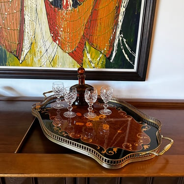 Vintage Italian Inlaid Laquered Wood Tray with Gold Accents 