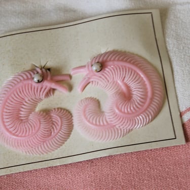 Vintage 40's 50s NOS Bubblegum Pink Celluloid Feather wing with rhinestones Earrings clip //  pin up Sweet 