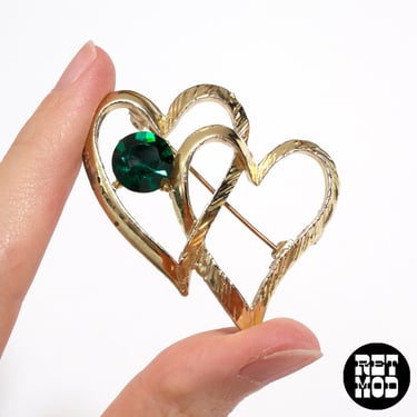 Sweet Vintage 70s 80s Two Gold Hearts with Green Rhinestone 