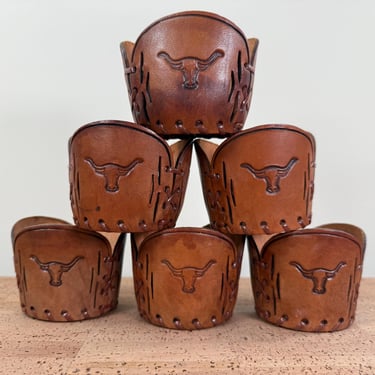 Vintage Tooled Leather (6) Cup Holders | Longhorn Steer Koozies Coozies 