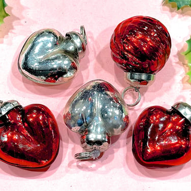 VINTAGE: 5pcs - Small Mercury Glass Heart Ornaments - Heart Pendants - Kugel Style Christmas Ornaments 