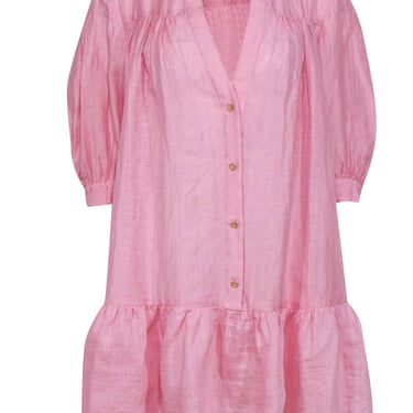 Sandro - Pink Linen Blend Puff Sleeve Peasant Dress Sz M