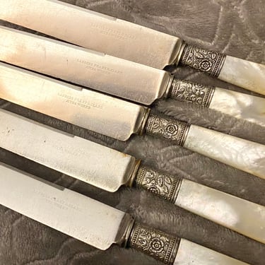 1890s Mother of Pearl Handle Knife set by Landers Frary and Clark~ Aetna Works, Sterling Band, round tips dessert knives~ Beautiful Vintage 