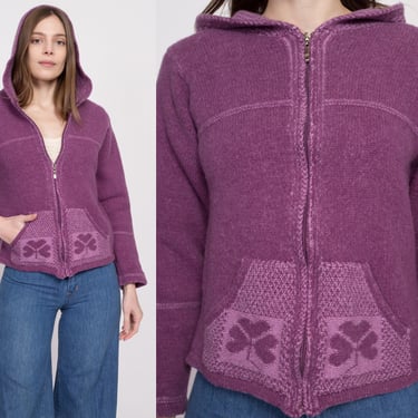 Vintage Irish Aran Purple Shamrock Cardigan - Small | 70s 80s Zip Front Merino Wool Hooded Fisherman Sweater 