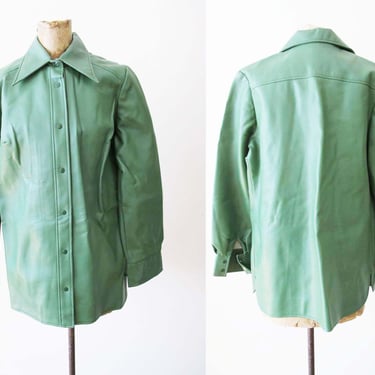 60s Avocado Green Pleather Jacket M L - Vintage 1960s Mod Fake Leather Snap Button Long Sleeve Shirt - Solid Color 
