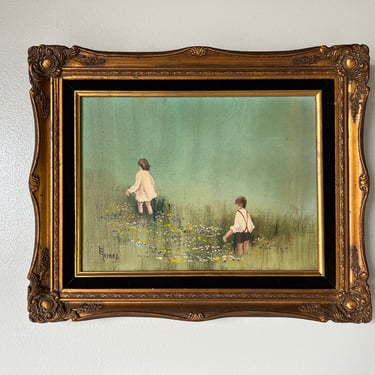 70's E. Jones " Children In The Mist" Oil On Canvas Painting, Framed 