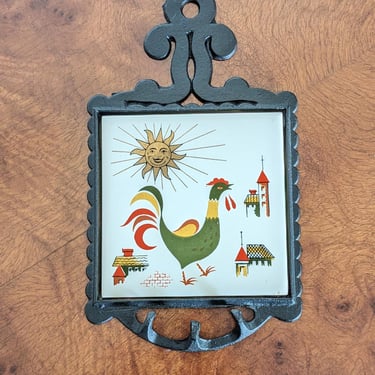 Vintage HS Cast Iron Trivet with Hooks Retro Rooster and Sun 