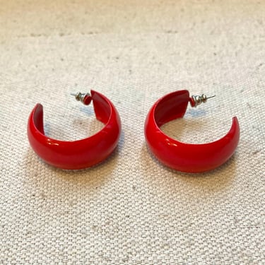 Vintage 70s 80s HOOP EARRINGS / RED Enamel Hoop Earrings / Pierced 