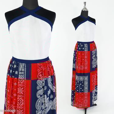 1970s Red White Blue Halter Dress | 70s Maxi Halter Dress | Gay Gibson | Small 
