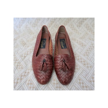 Vintage Woven Leather Loafer Flats - Loafers with Tassels - Brown Braided Shoes - Size 6.5 