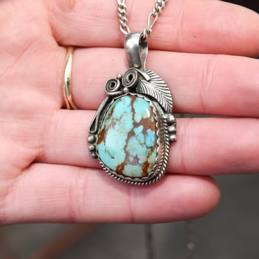 Signed Native American Turquoise Pendant In Sterling Silver, Leaf Swirl Motifs, Navajo Jewelry, 1.75