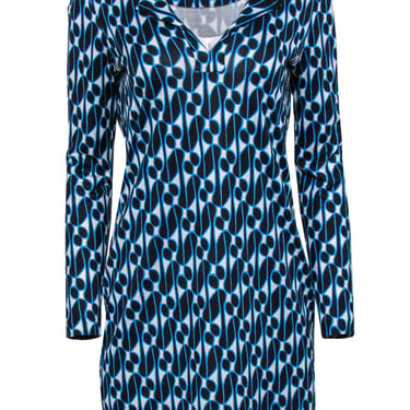 Diane von Furstenberg - Blue &amp; White Patterned Long Sleeve Silk Dress Sz 8