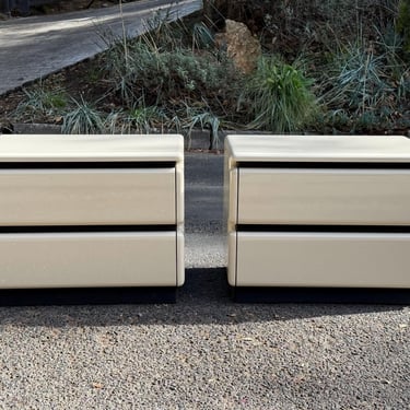 Post Modern Cream Lacquered Rougier Nightstands -- PAIR 