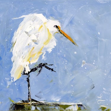 Expressive Oil Painting of White Egret on Blue - Expressive Critters and Birds - Daily Painting - Pop of Color - Daily Painter - Blue 