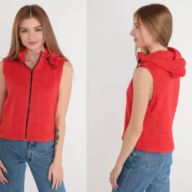 Red Fleece Vest 90s Hooded Zip Up Vest Sleeveless Hoodie Retro Basic Hiking Camping Warm Cozy Layering Hood Vintage Forever 21 1990s Small S 