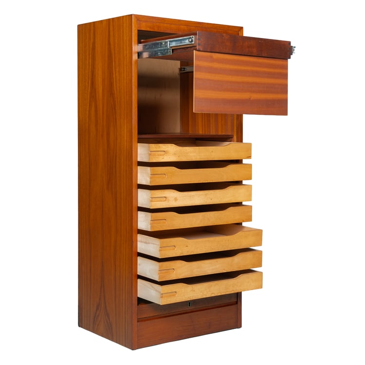 Tambour Door Tall + Locking Danish Teak Filing Cabinet